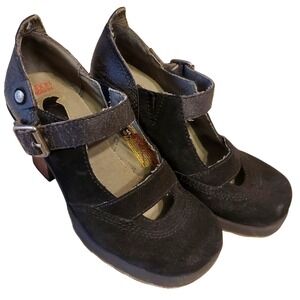 London Underground Vintage‎ 90s Leather Platform Wood Chunky Heel Sandal SZ:6.5